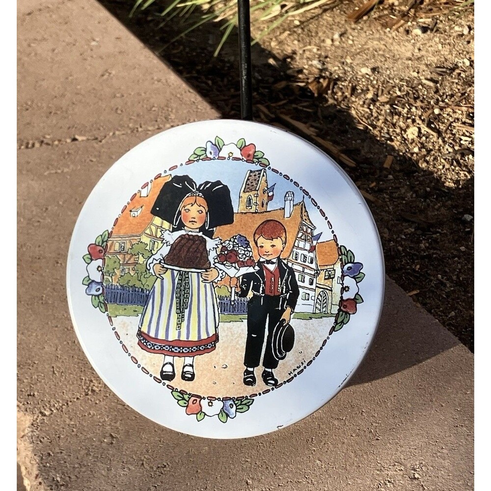 VTG Hansi Massilly France Litho Tin Biscuit Box Alsatian Children 8”